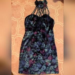 Vintage Floral Strappy Halter Bodycon Dress - Navy & Purple